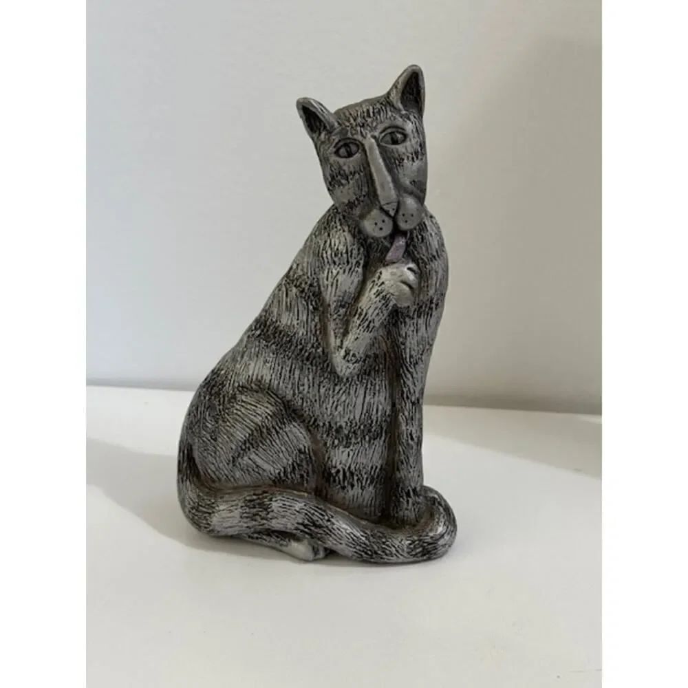 Marsha McCarthy Cat Figure Silver Gray Resin Seated Licking Paw Signed